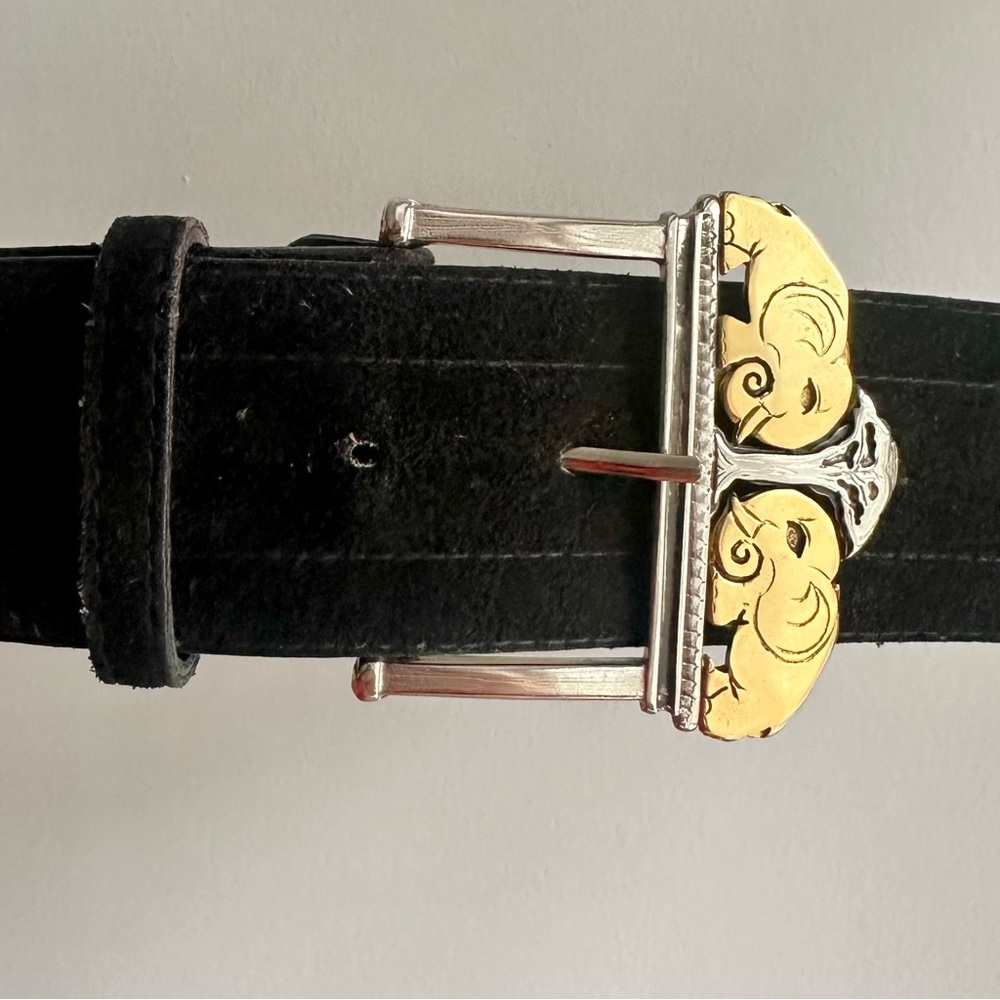 1970s Elephant Figural Metal Buckle Black Suede Vintage Belt